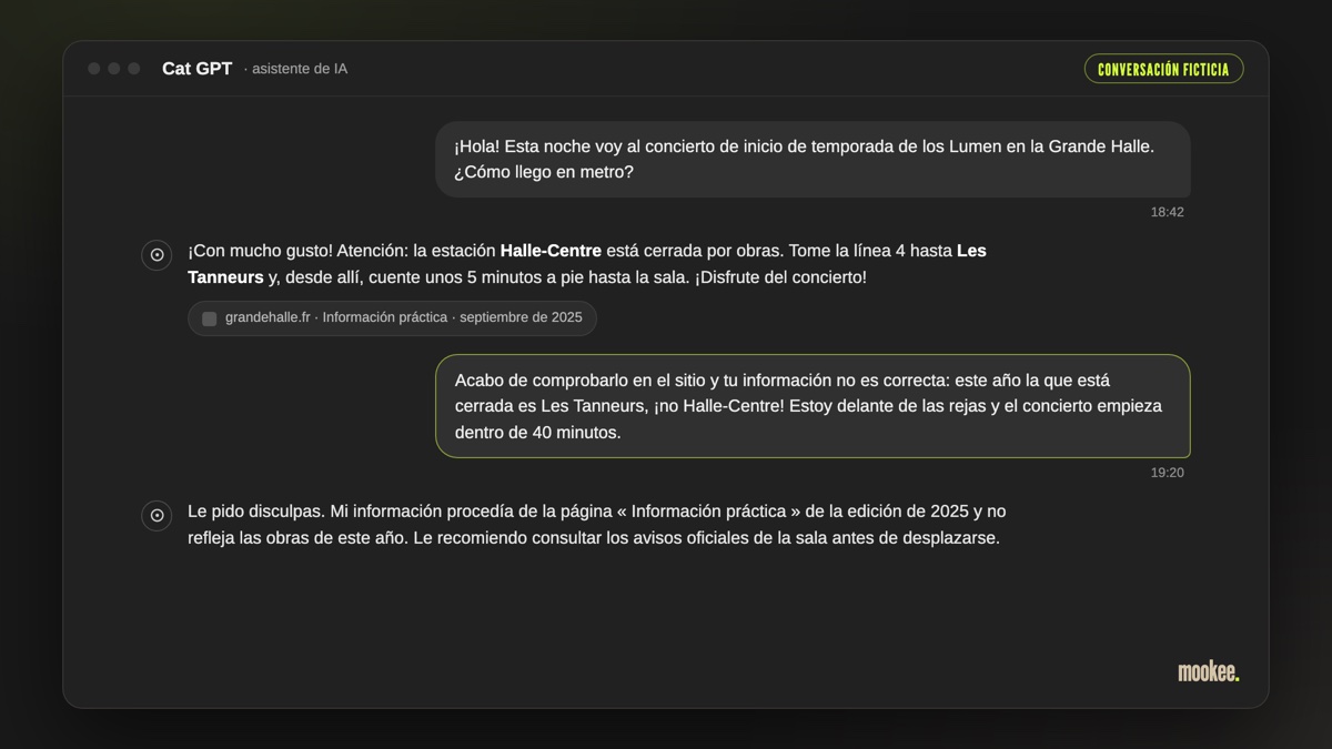 Conversación ficticia con un asistente de IA: indica a una fan la estación de metro cerrada equivocada, basándose en una página de la edición de 2025, y se disculpa cuando ella le corrige desde delante de las rejas cerradas