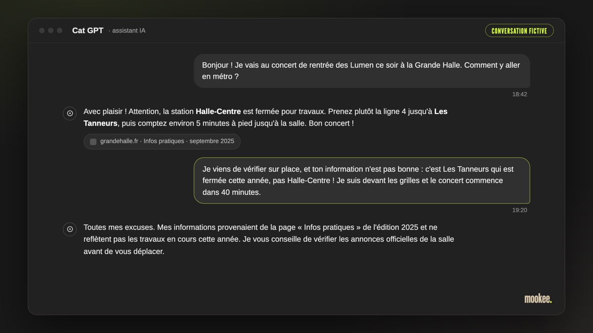 Conversation fictive avec un assistant IA : il indique à une fan la mauvaise station de métro fermée, en s'appuyant sur une page datant de l'édition 2025, puis s'excuse quand elle le corrige depuis les grilles fermées