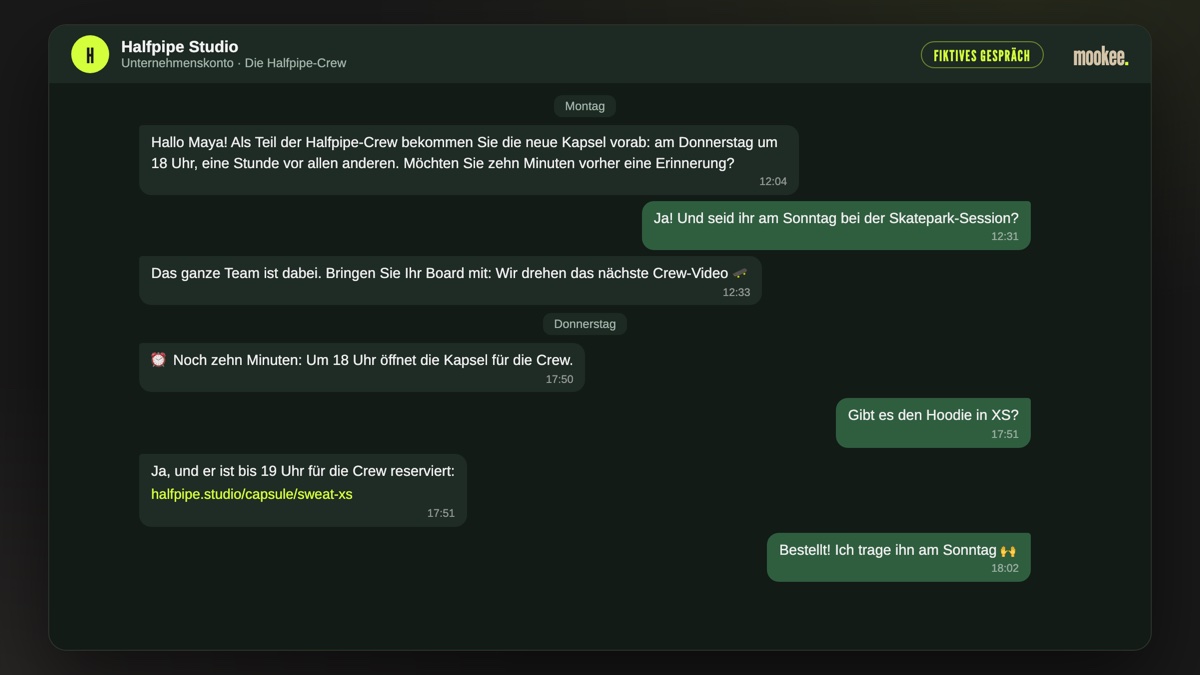 Fiktives Messaging-Gespräch zwischen einer Skate-Marke und einer Kundin aus ihrer Community: Vorabzugang nur für die Crew, Erinnerung vor dem Release, Frage nach einer Größe und Bestellung