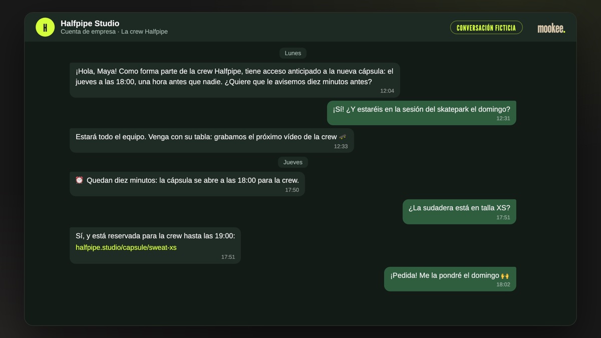 Conversación ficticia por mensajería entre una marca de skate y una clienta de su comunidad: acceso anticipado reservado a la crew, recordatorio antes del lanzamiento, pregunta sobre una talla y pedido