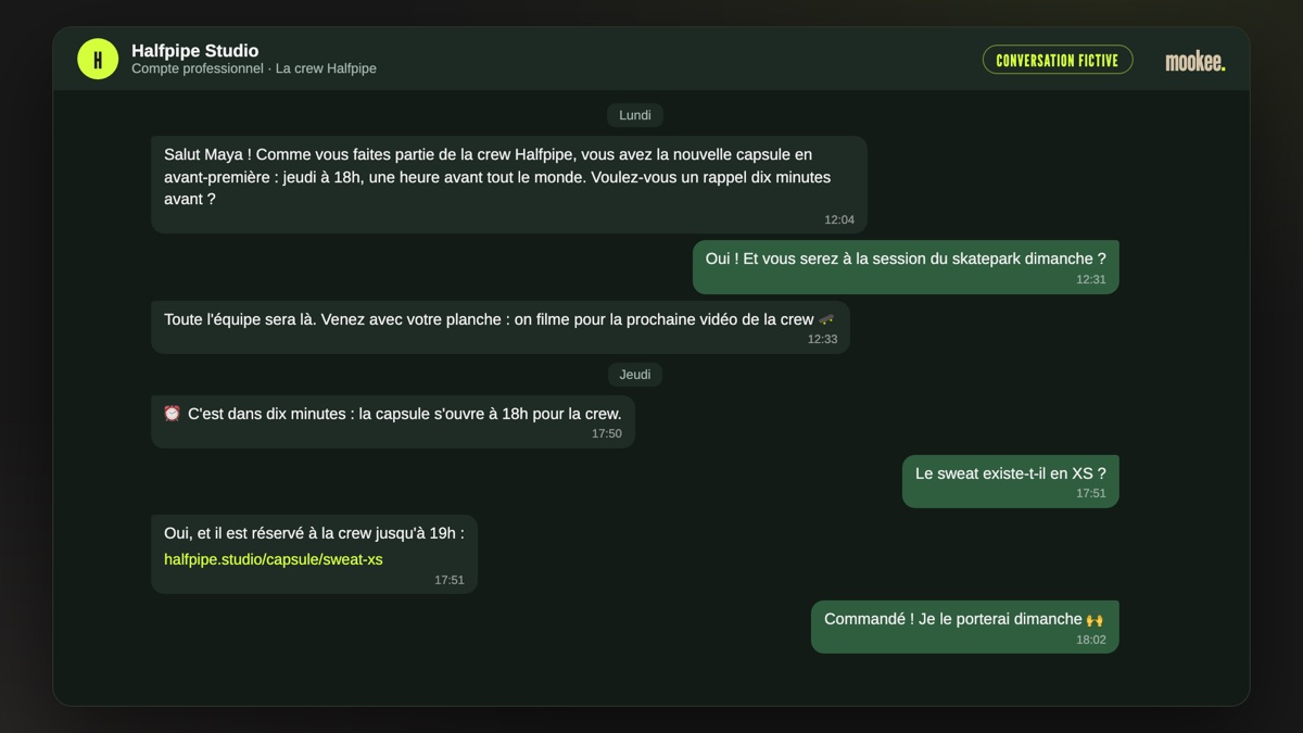 Conversation fictive sur messagerie entre une marque de skate et une cliente de sa communauté : avant-première réservée à la crew, rappel avant la sortie, question sur une taille et commande