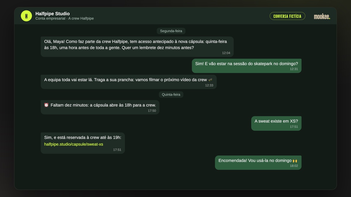 Conversa fictícia por mensagens entre uma marca de skate e uma cliente da sua comunidade: acesso antecipado reservado à crew, lembrete antes do lançamento, pergunta sobre um tamanho e encomenda