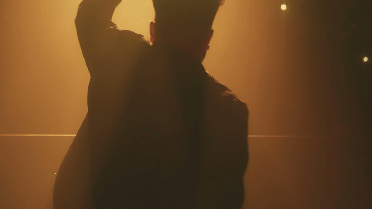 Silhouette eines Künstlers mit erhobenem Mikrofon auf der Bühne, im goldenen Gegenlicht