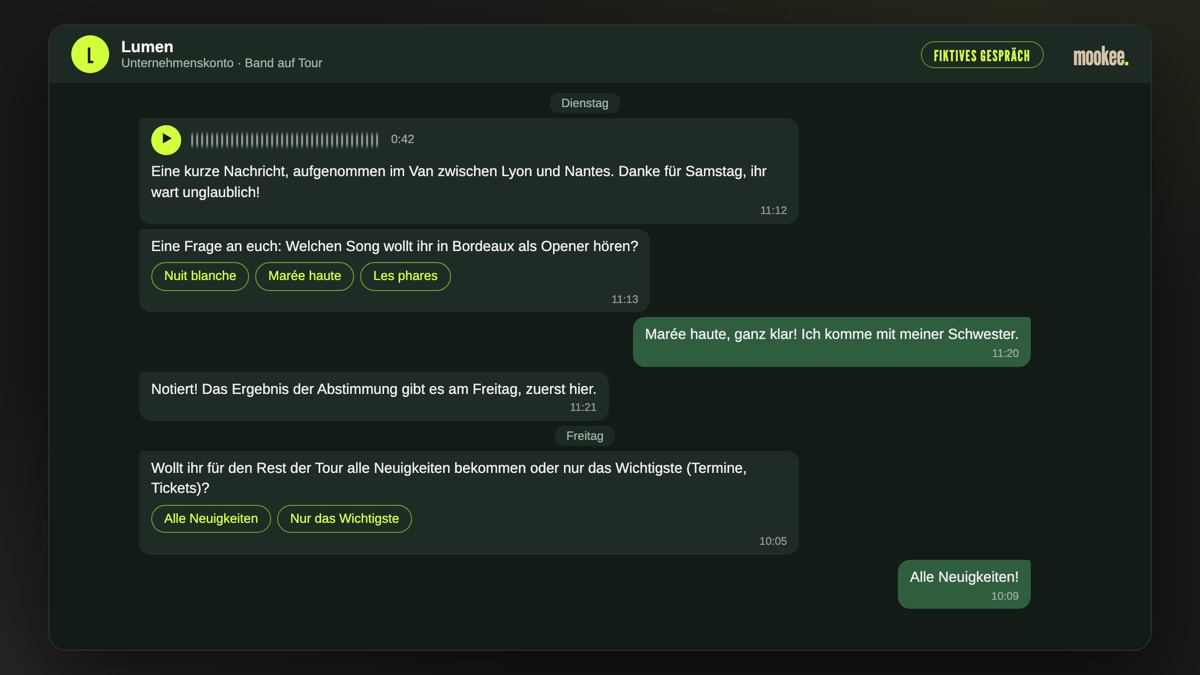 Fiktives Messaging-Gespräch zwischen einer Band auf Tour und einem Fan: exklusive Sprachnachricht, Abstimmung über den Opener, Antwort des Fans und Wahl der Nachrichtenhäufigkeit