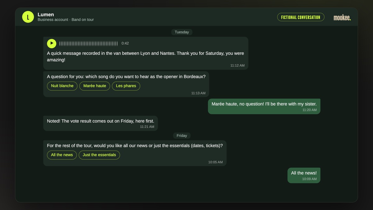 Fictional messaging conversation between a touring band and a fan: an exclusive voice note, a vote on the opening song, the fan's reply and a choice of how often to receive messages